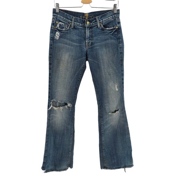 7 For All Mankind Womens 27 Blue Wash Denim Jeans Flare Distressed Destroyed - Picture 1 of 16